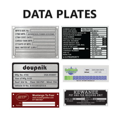 Data Plates, Equipment Data Plates, Custom, in Aluminum, Brass or Stainless Steel