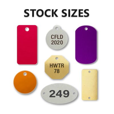 In-stock Sizes of Tags and Plates in Anodized Aluminum, Brass and Stainless Steel